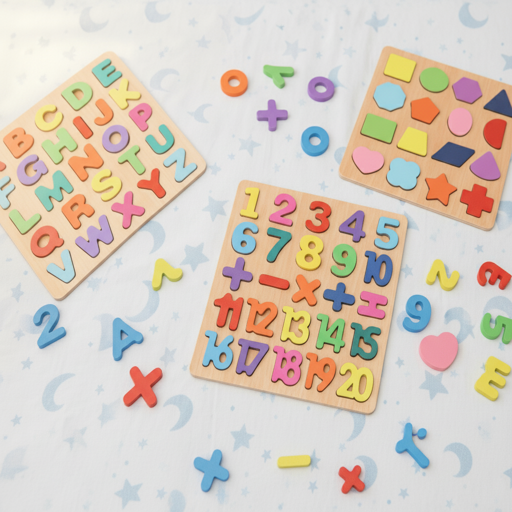 Wooden Alphabet, Number & Shape Puzzle Tray 3 Piece Set