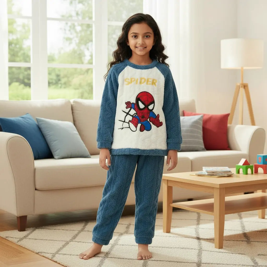 Blue & White Spider Man Woollen Nightwear Set