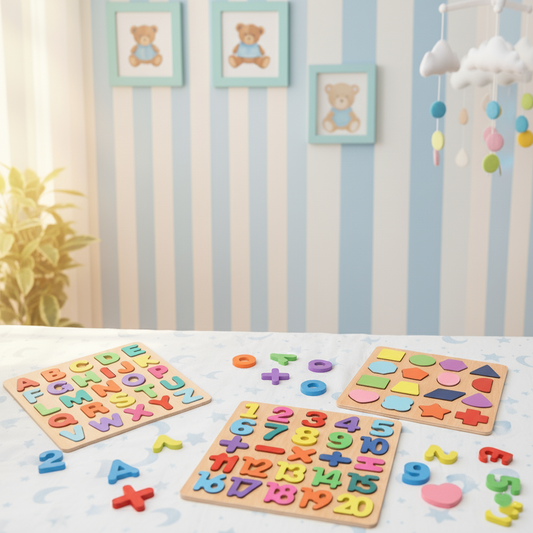 Wooden Alphabet, Number & Shape Puzzle Tray 3 Piece Set