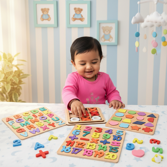 Wooden Alphabet, Number & Shape Puzzle Tray 3 Piece Set